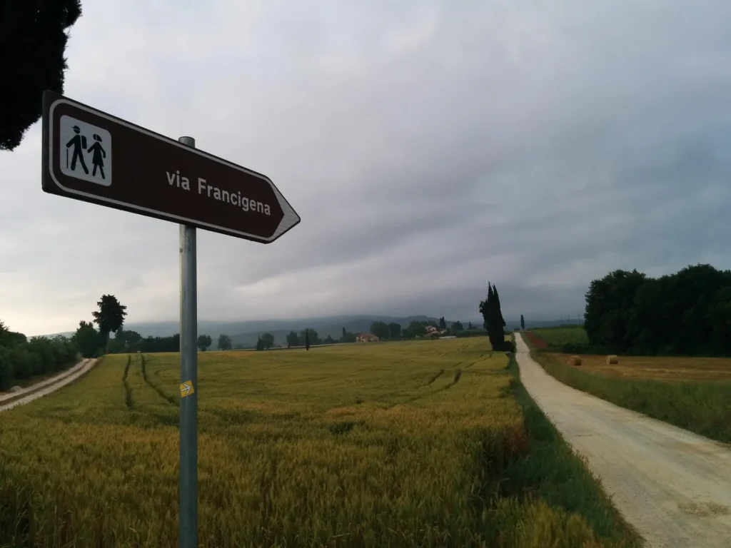 Cartello marrone con la scritta “via Francigena” e simbolo di percorso pedonale, posizionato su un palo metallico. Accanto al cartello si estendono campi coltivati attraversati da una strada sterrata che prosegue verso l’orizzonte. Sul fondo sono visibili alberi, alcune costruzioni sparse e un cielo coperto da nuvole.